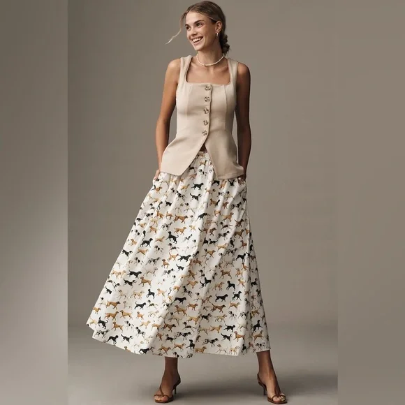 Anthropologie The Jacie Poplin Printed Maxi Skirt by Maeve - White Dog Print - Picture 3 of 5